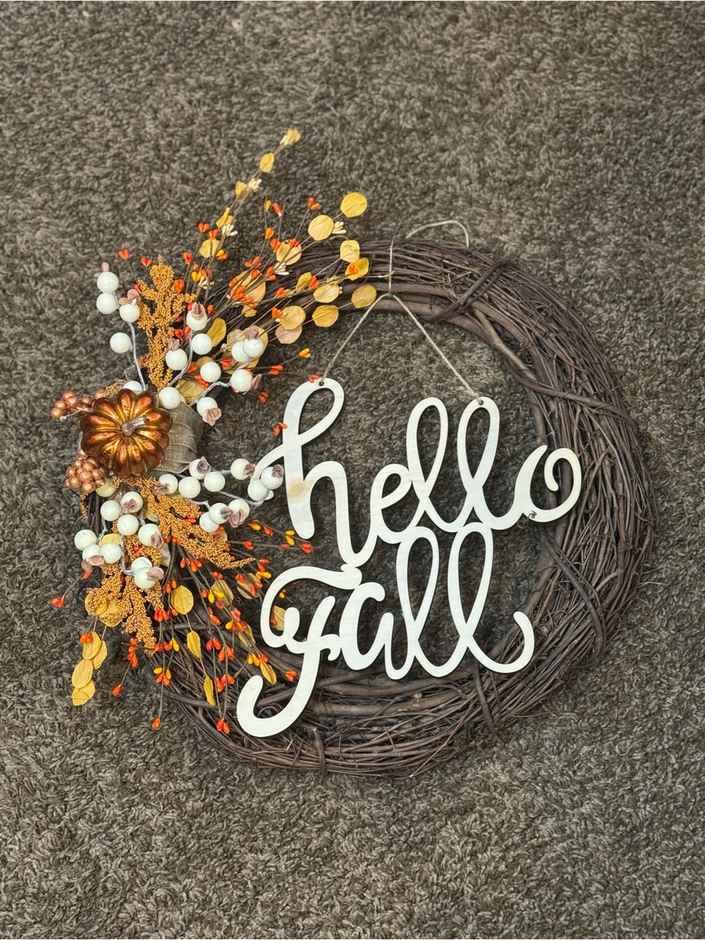 Hello Fall Grapevine Wreath with Orange and White Accents